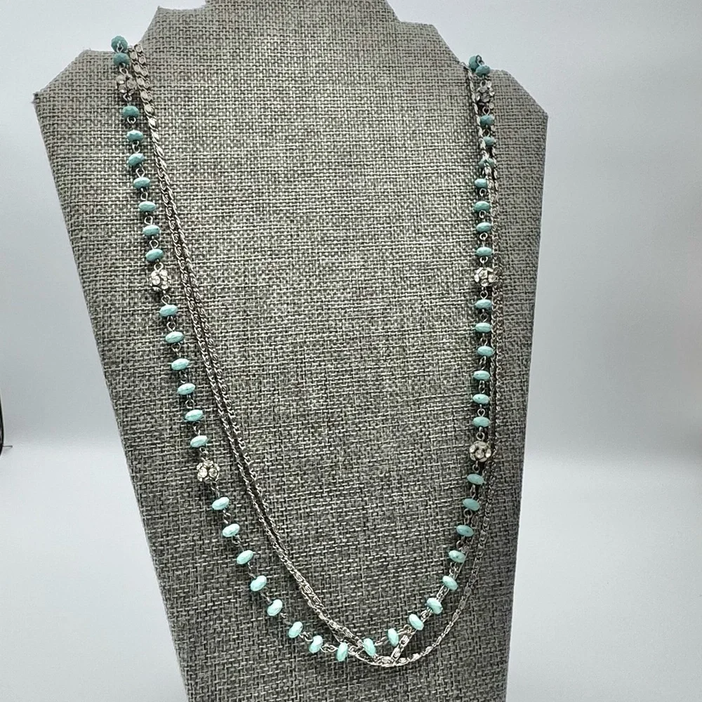 Turquoise Multi-strand Boho Necklace Silver Toned Chains 28”